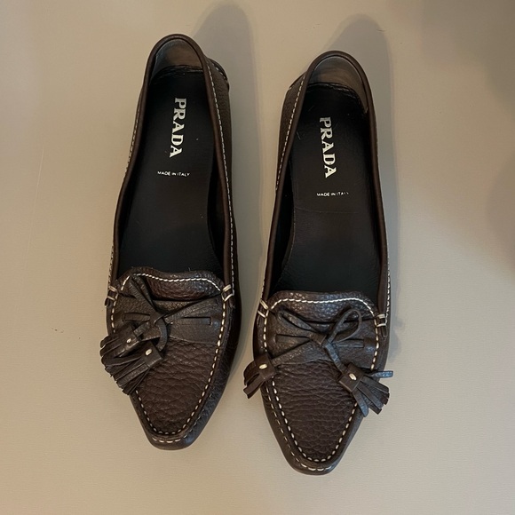 Prada Women's Daino Cafe Brown Leather Loafers - Picture 1 of 10